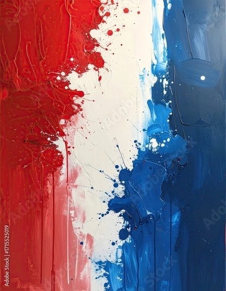 Fototapeta Vibrant Red, White, and Blue Abstract Painting with Dynamic Paint Splatters and Textured Strokes