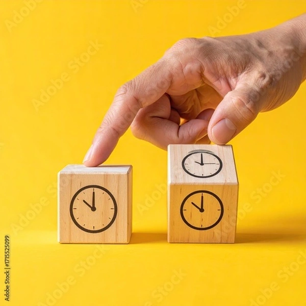 Fototapeta Time Management Concept: Hand Adjusting Clock Blocks on Yellow Background