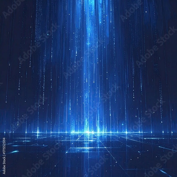 Fototapeta Abstract Blue Digital Matrix with Falling Light Streaks and Grid Pattern