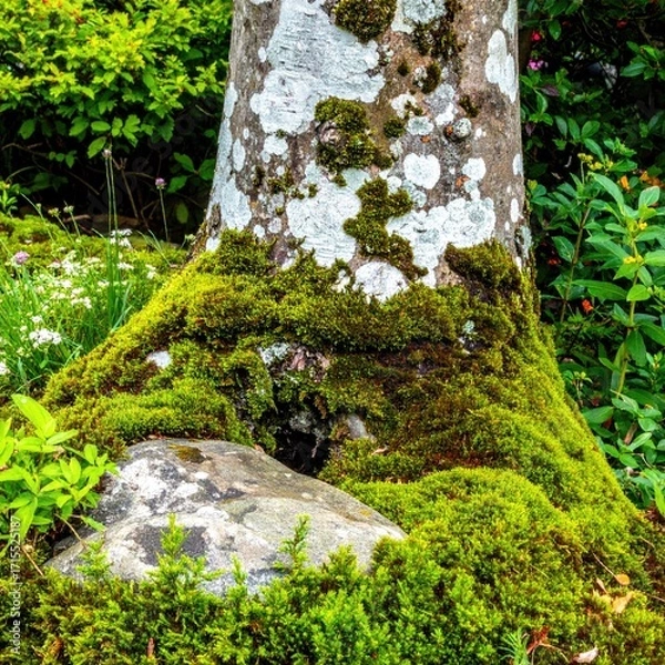 Fototapeta Tree trunk with moss, rock, and lush green foliage.