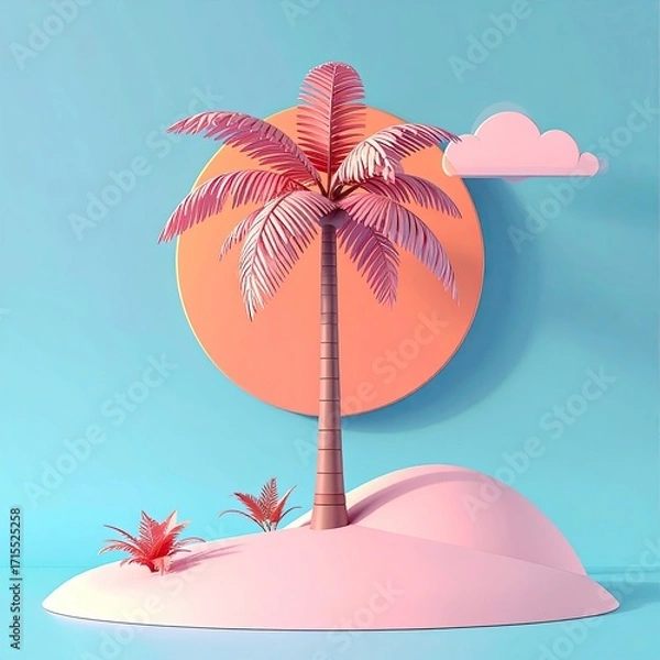 Fototapeta Pink Palm Tree on Pastel Island Minimalist 3D Render