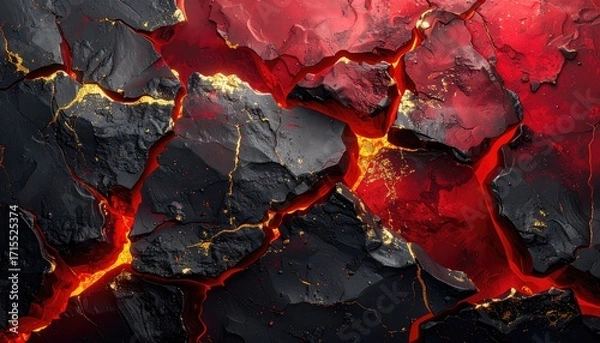 Fototapeta Abstract cracked rock texture with glowing red lava and golden veins