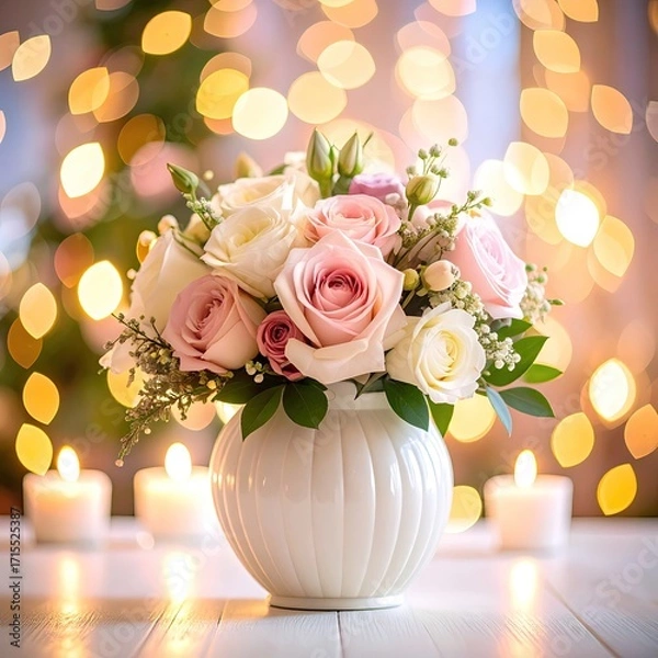 Fototapeta Romantic bouquet of pink and white roses in a ceramic vase with glowing candles and a warm bokeh background.