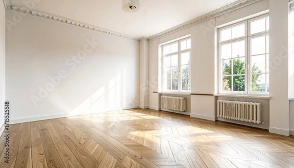 Fototapeta Empty room with wooden floor and large windows offering natural light and airy ambiance