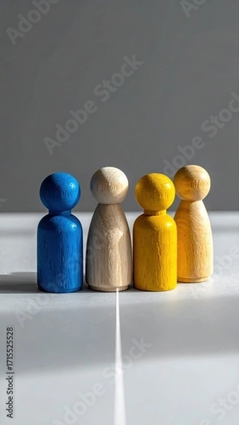 Fototapeta A diverse group of four wooden figures, blue and yellow, standing together in unity.