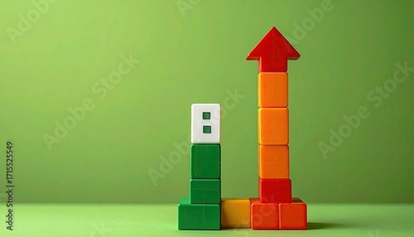 Fototapeta Colorful Wooden Blocks Forming Upward Arrow and Small House on Green Background
