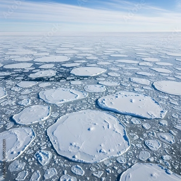 Fototapeta frozen ocean top view, featuring a vast expanse of icy surface with numerous floating ice sheets of varying shapes