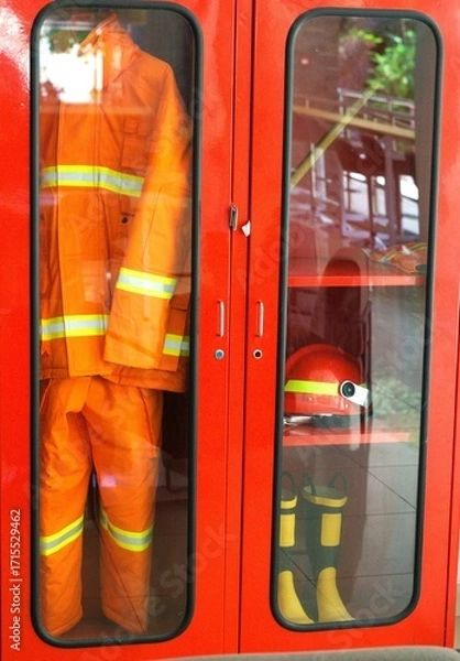 Fototapeta Firefighter uniform and gear stored neatly in a safety cabinet