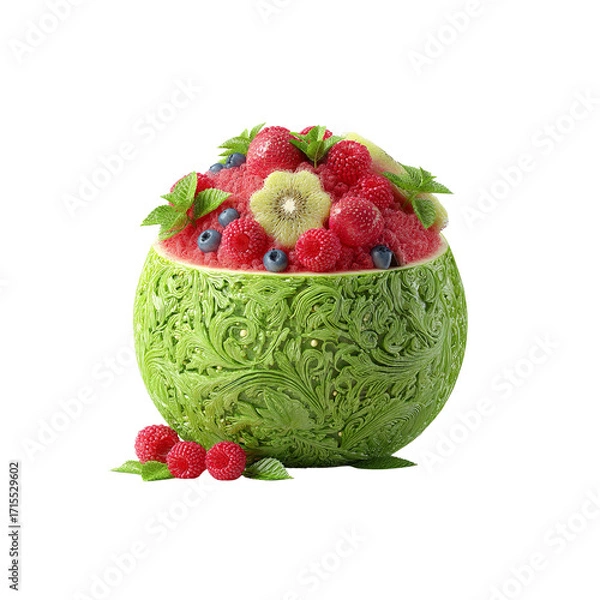 Obraz Intricately Carved Watermelon Bowl Filled with Fresh Berries and Kiwi