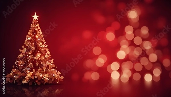 Fototapeta Festive Christmas Tree with Glowing Lights and Bokeh Effect on Red Background Vector