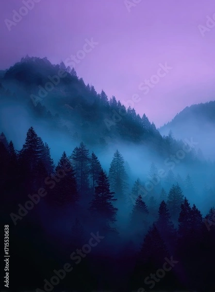 Fototapeta Misty mountain range at twilight, shrouded in a thick, purplish-blue fog, silhouettes of dark evergreen trees emerging from the ethereal mist