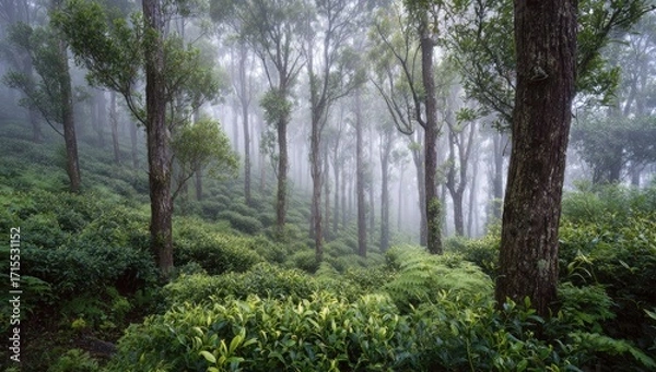 Fototapeta Misty, verdant hillside tea plantation shrouded in fog, tall slender trees lining a sloping path through lush green foliage