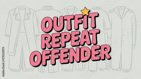 Fototapeta Vertical ‘Outfit repeat offender’ typography in bubblegum pink with a playful yellow star on textured light-grey clothing backdrop