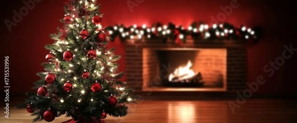 Fototapeta Christmas tree decorated with red ornaments and lights near a lit fireplace with garland