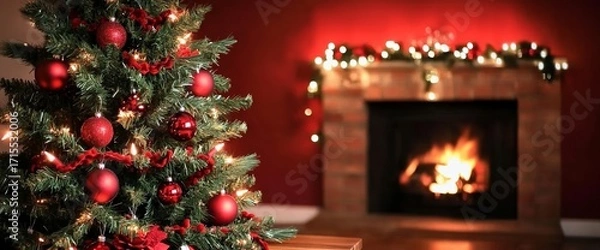 Fototapeta Christmas tree decorated with red ornaments and lights near a lit fireplace with festive garland