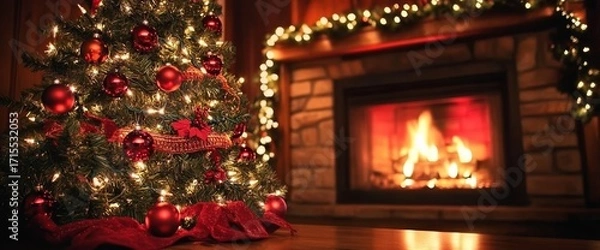 Fototapeta Christmas tree decorated with red ornaments and lights beside a lit fireplace with garland