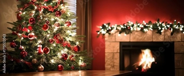 Fototapeta Christmas tree decorated with red ornaments and lights next to a lit fireplace with garland