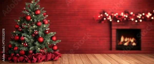 Fototapeta Christmas tree decorated with red ornaments and lights, set against a red brick wall with a fireplace and garland