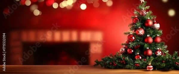 Fototapeta Decorated Christmas tree with red ornaments and lights near a fireplace in a cozy indoor setting