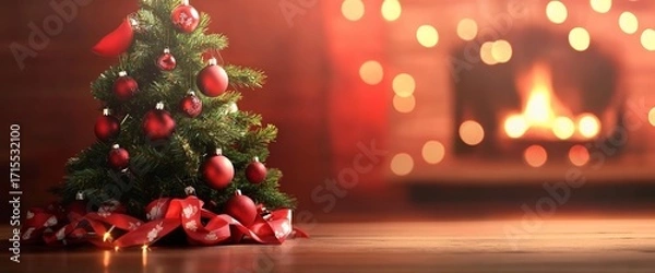 Fototapeta Decorated Christmas tree with red ornaments and ribbon in front of a glowing fireplace