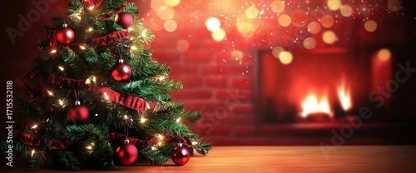 Fototapeta Christmas tree decorated with red ornaments and lights near a glowing fireplace