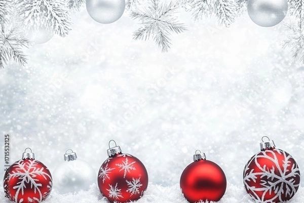 Fototapeta Red Christmas ornaments with snowflake patterns arranged on a snowy background with pine branches and silver baubles.