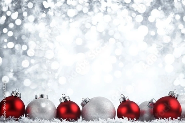 Fototapeta Red and silver Christmas ornaments arranged on snow with a sparkling bokeh background