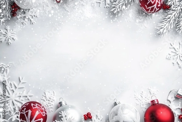 Fototapeta Christmas ornaments and snowflakes arranged on a snowy white background with festive red and silver baubles