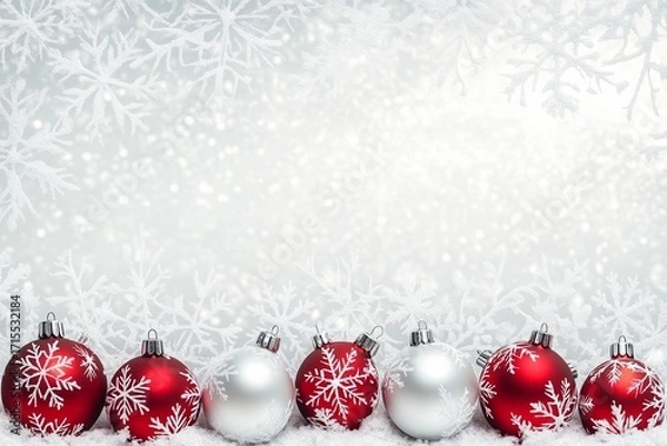 Fototapeta Red and silver Christmas ornaments with snowflake patterns arranged in a row on a snowy background
