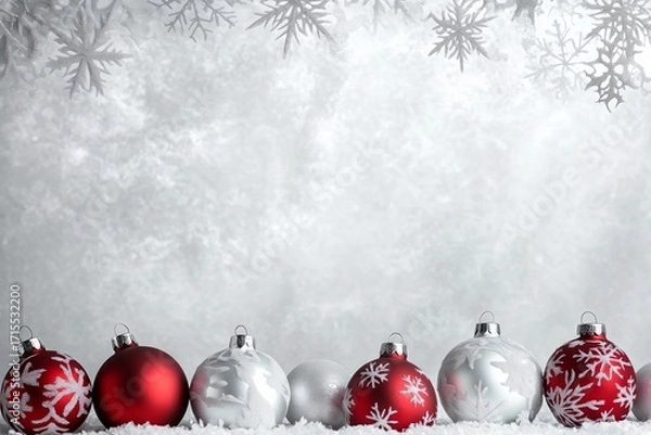 Fototapeta Row of red and silver Christmas ornaments with snowflake patterns on a snowy background