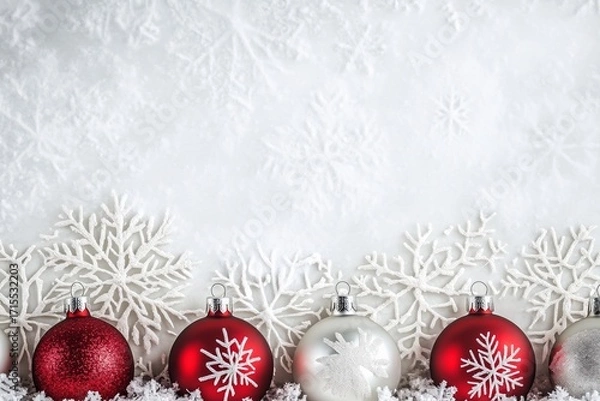 Fototapeta Red and silver Christmas ornaments with snowflakes on a white snowy background