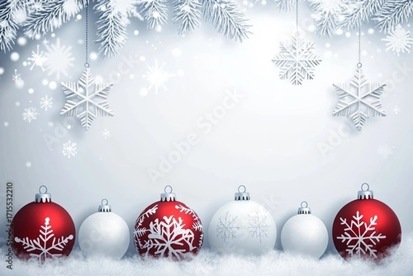 Fototapeta Christmas ornaments and snowflakes on a snowy background with pine branches