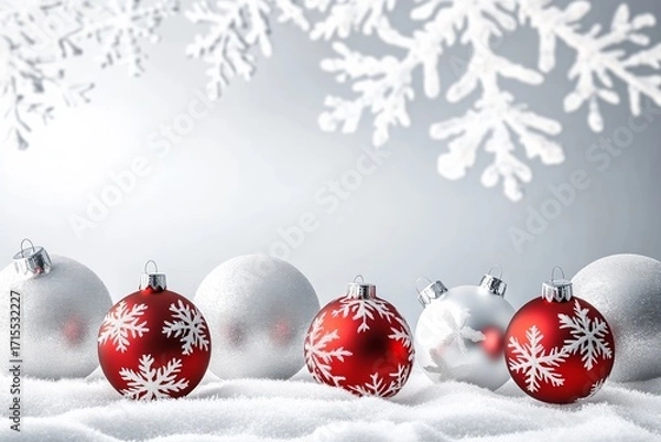 Fototapeta Red and silver Christmas ornaments with snowflake patterns arranged on a snowy surface against a white background with snowflakes.