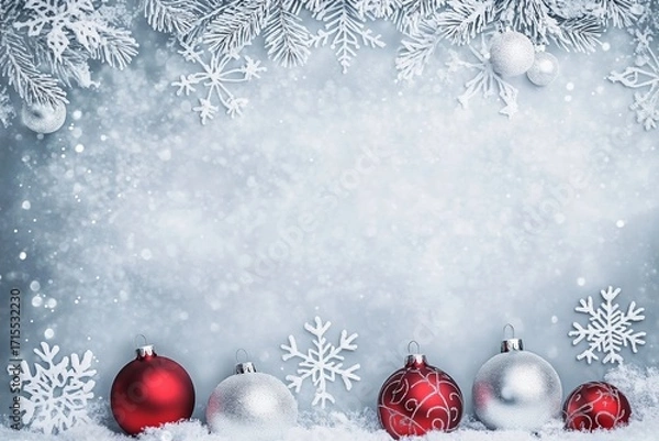Fototapeta Christmas ornaments and snowflakes on a frosty background with pine branches