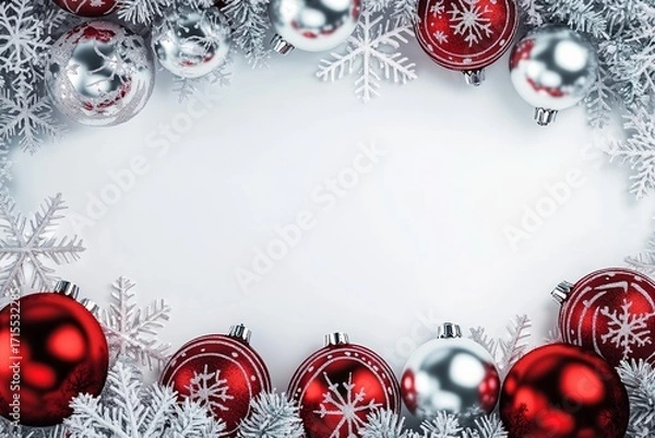 Fototapeta Christmas ornaments and snowflakes arranged in a border frame on a white background