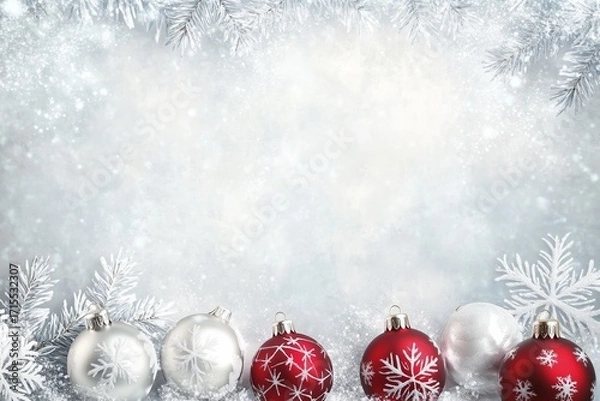 Fototapeta Christmas ornaments and snowflakes arranged on a frosty background with copy space