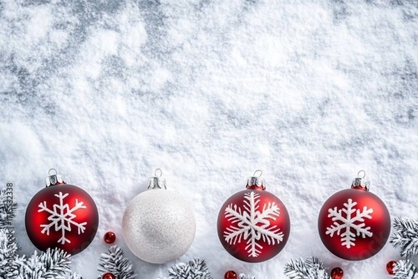 Fototapeta Red and white Christmas ornaments with snowflakes on a snowy background