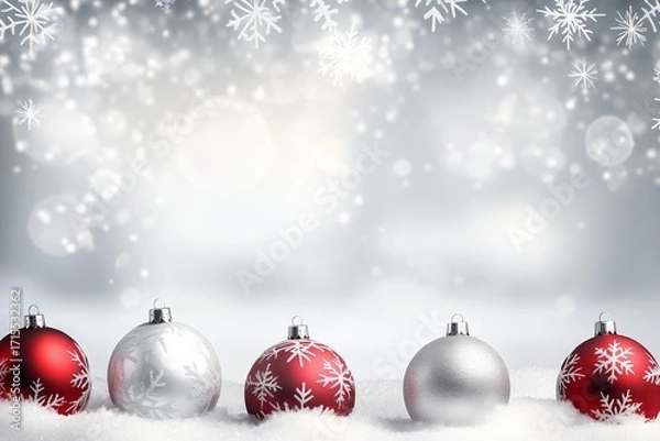 Fototapeta Red and silver Christmas ornaments arranged in snow with falling snowflakes and bokeh lights in the background