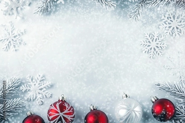 Fototapeta Christmas ornaments and snowflakes arranged on a snowy background with pine branches