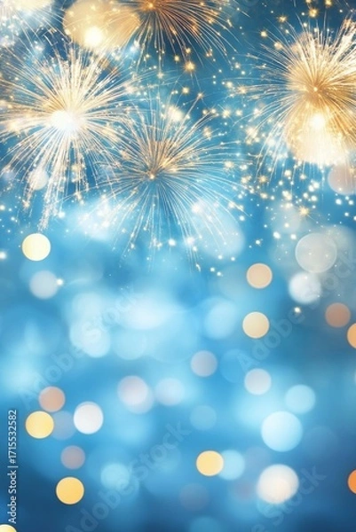 Fototapeta Golden fireworks burst against a blue bokeh background with sparkling lights and festive glow.
