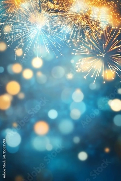 Fototapeta Sparkling fireworks burst against a bokeh-lit blue background, creating a festive and magical atmosphere.