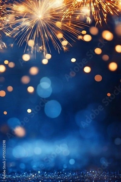 Fototapeta Sparkling fireworks burst against a dark blue background with bokeh lights and glittering surface below.