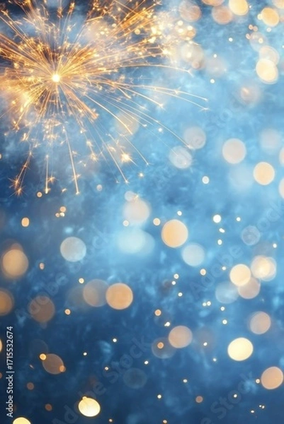 Fototapeta Sparkling fireworks burst in a night sky with golden bokeh lights against a deep blue background.