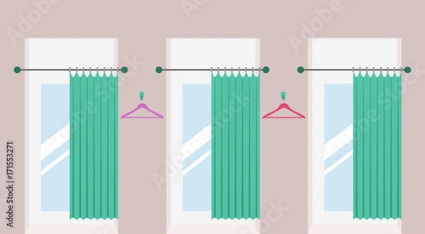 Obraz Rząd pustych przymierzalni z otwartymi zasłonami i lustrami w sklepie z modą. Kabiny do przymierzania ubrań w centrum handlowym. Ilustracji wektorowych.