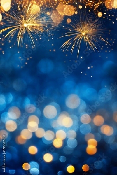 Fototapeta Fireworks exploding in the night sky with golden sparks and bokeh lights against a deep blue background