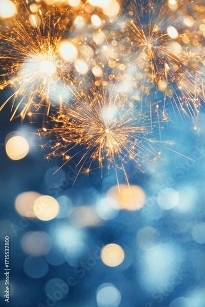 Fototapeta Sparkling fireworks with golden sparks against a blue bokeh background