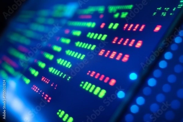 Fototapeta Close-up of glowing digital code on a screen with colorful text and binary patterns