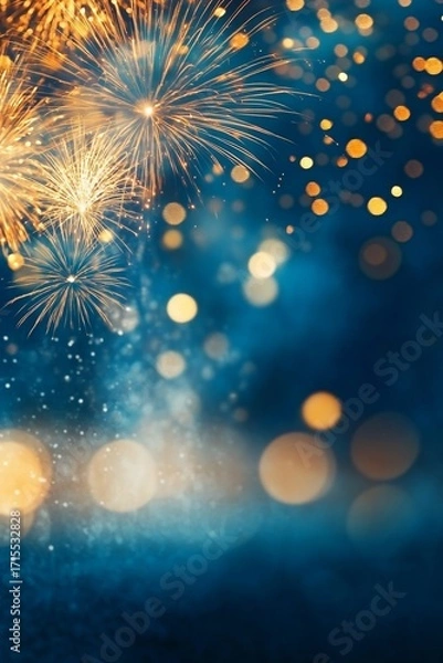 Fototapeta Golden fireworks burst in a dark blue sky with sparkling bokeh lights and glowing particles.