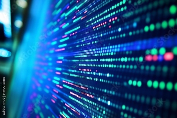 Fototapeta Digital data stream with glowing binary code on a dark background
