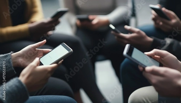 Fototapeta Group of people using smartphones while sitting together